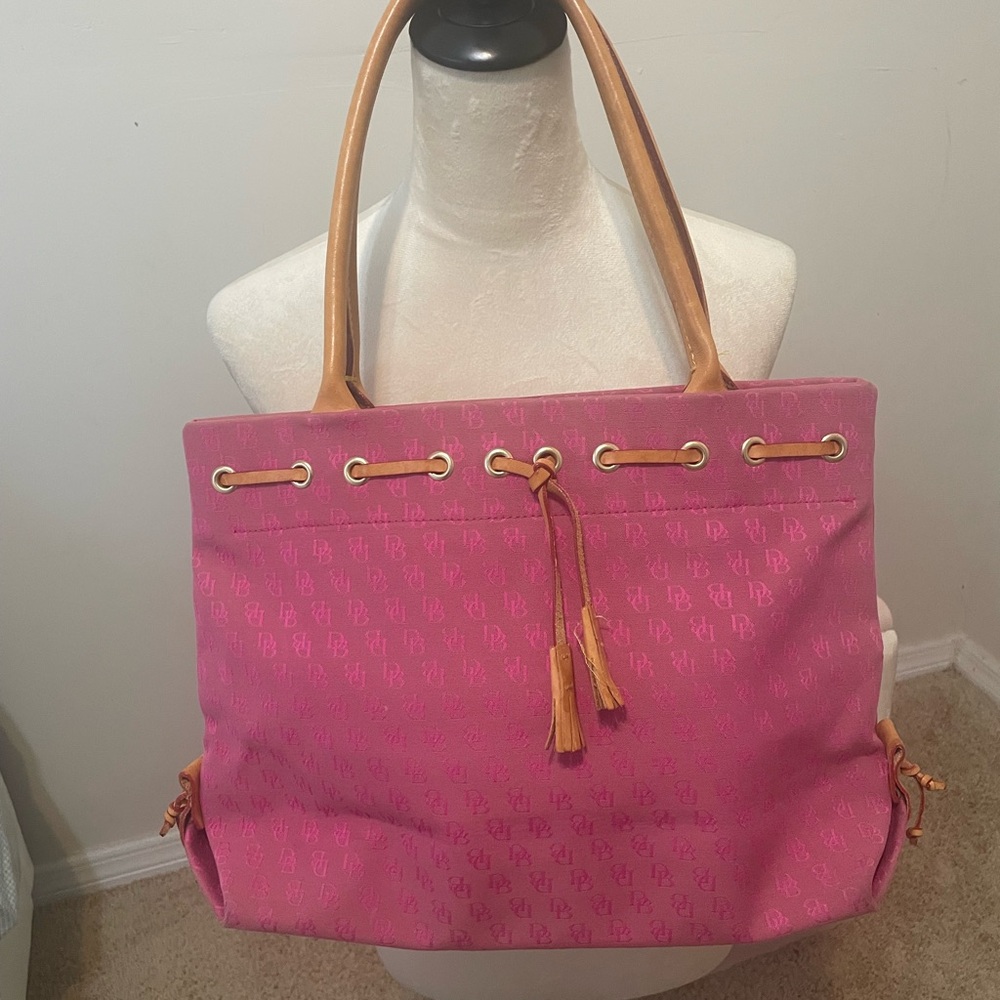 Dooney & Bourke Pink and Tan Canvas Tote with Leather Handles